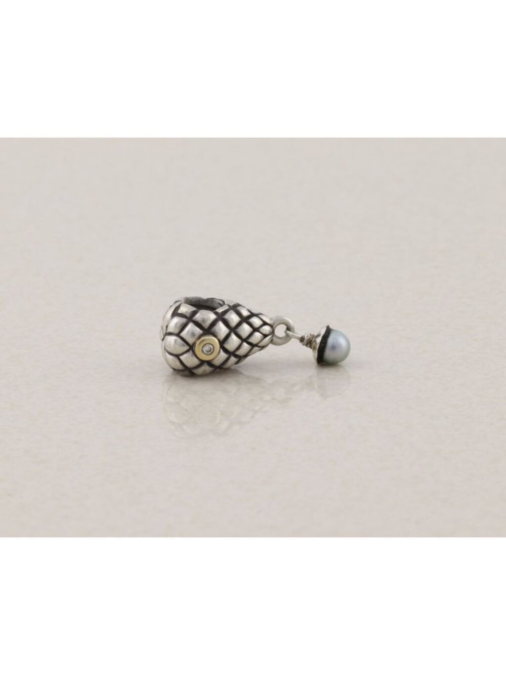 Pandora Sterling Silver & 14k Diamond Bead Charm with Pearl Dangle 7/8"